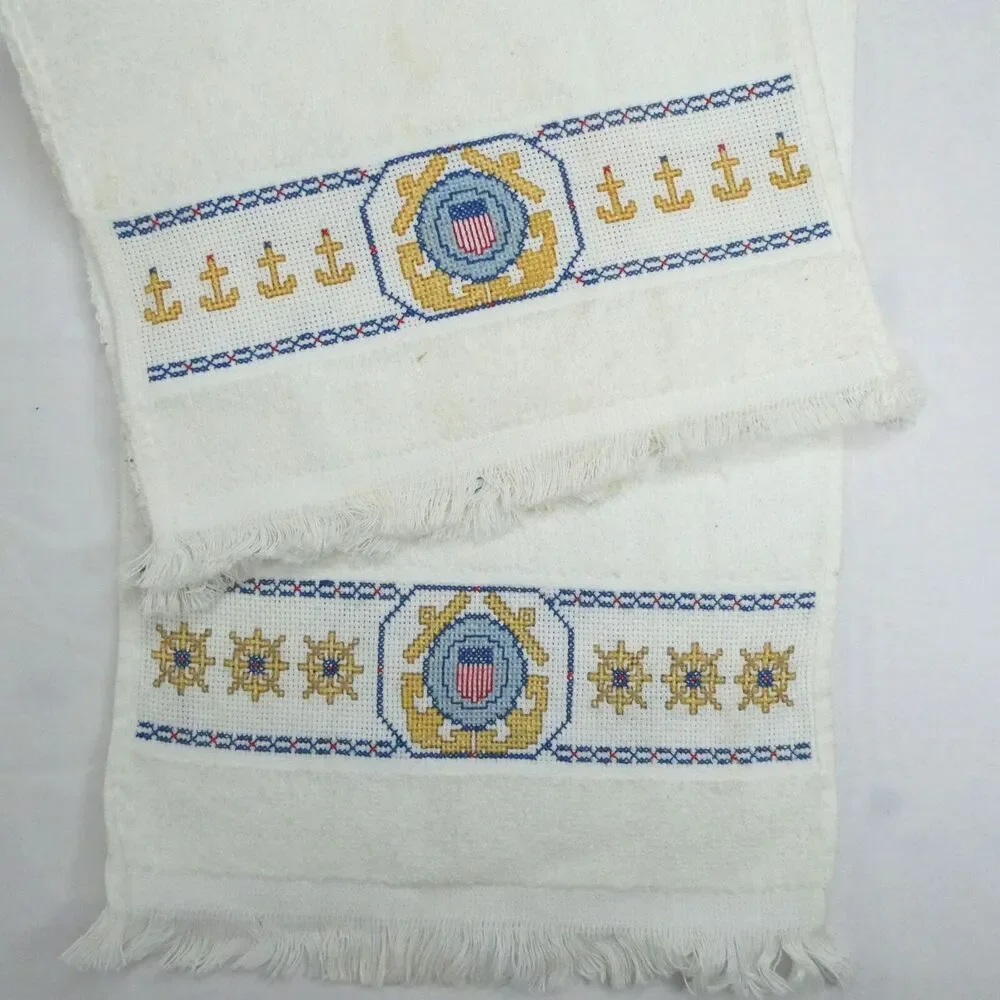 2 Coast Guard Cross Stitch Fingertip Towels Off White Anchors Ship Wheels Emblem